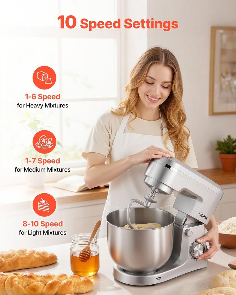 Stand Mixer, 4.2 L+5.7 L Electric Kitchen Mixer, 1500W Dough-Mixer, 10 Speeds Tilt-head Food-Mixer with Stainless Steel Bowls, Dough Hook, Whisk,