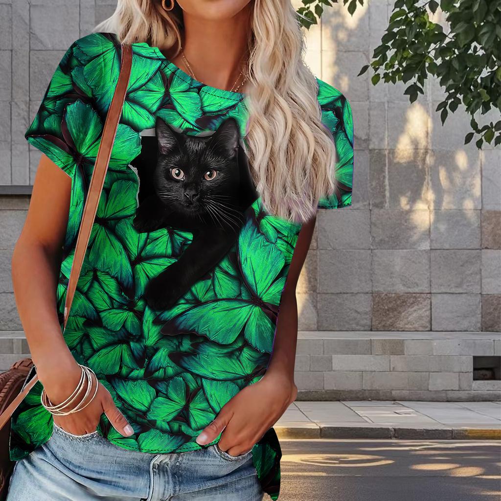 Women Summer T Shirt Black Cat Print Retro Fashion Short Sleeve Tees Casual   Printed  Tops