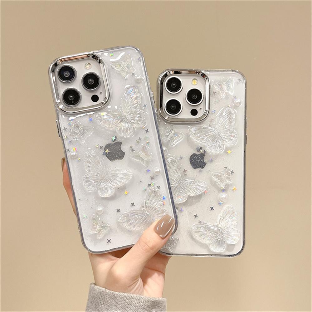 Luxuriöse Transparente Ästhetische Schmetterling 3D Hülle Für iPhone 15 14 13 12 11 Pro Max Plus Glänzende Beschichtung Kameraschutzhülle
