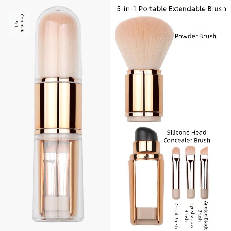 5-in-1 Portable Travel Lip Brush Eyeshadow Foundation Blending Powder Brush Mini Facial Cosmetic Travel Makeup Brushes Set