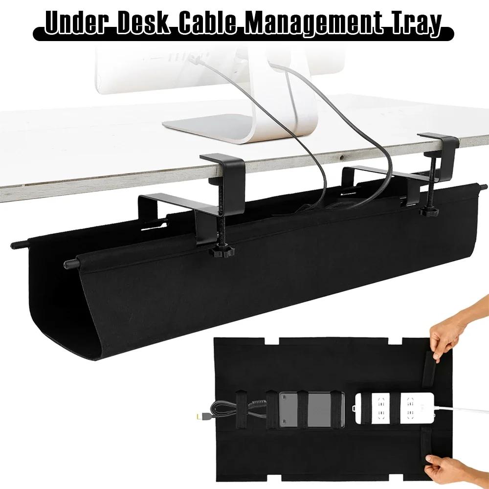 Under Desk Cable Management Tray No Drill Under Desk Cable Organizer with 2 Hook Woven Fabric Storage Rack for Home Office Study