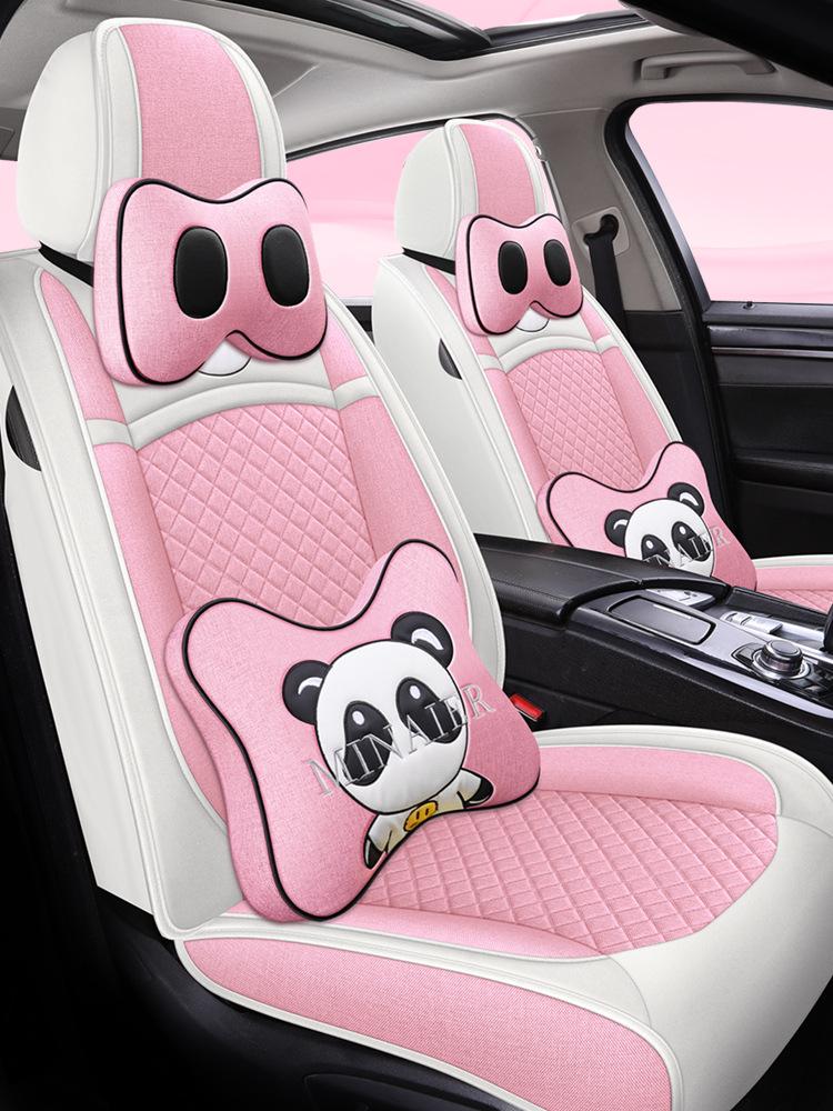 Universal Linen Cartoon Panda Car Seat Cushion Set for All-Season