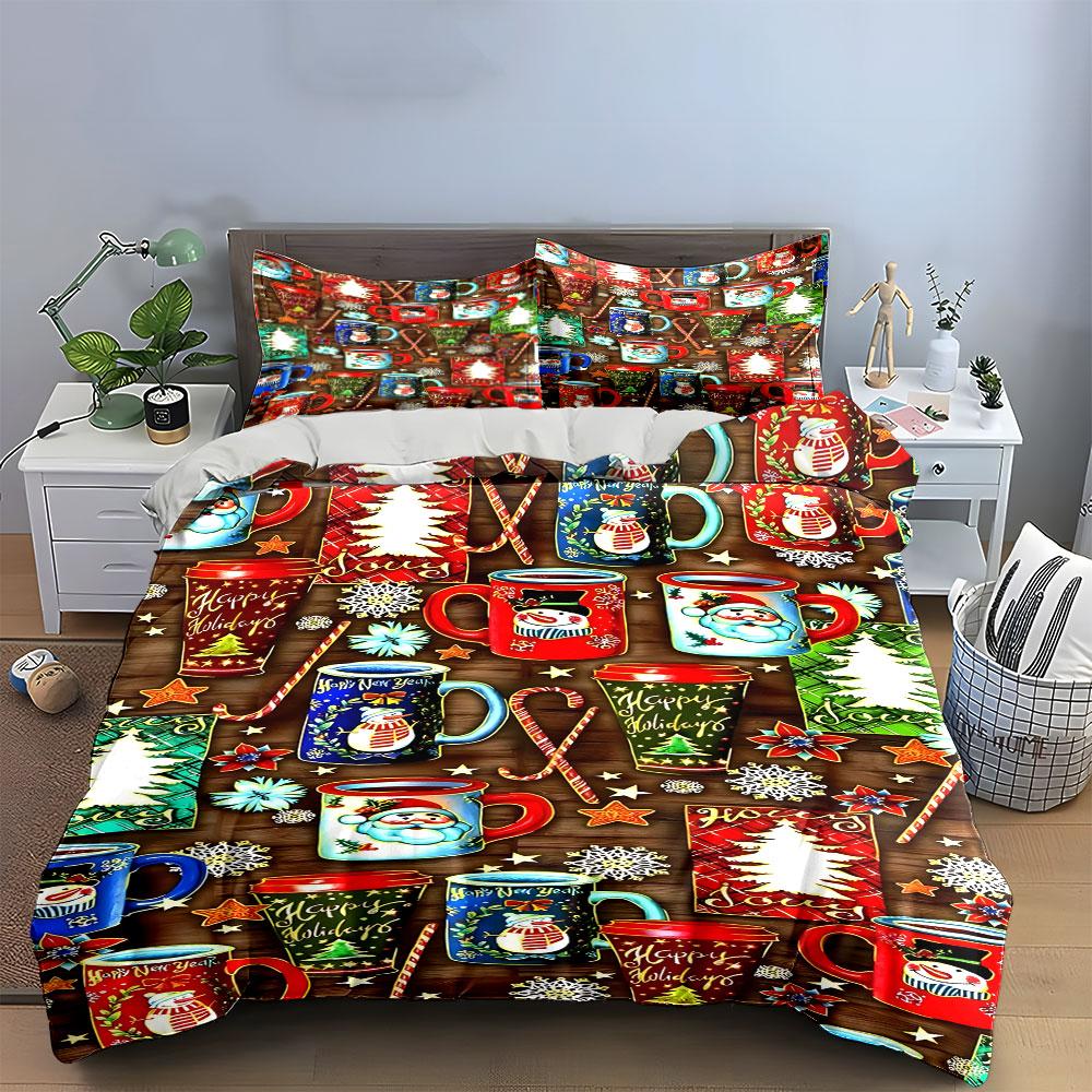 Christmas Mugs and Patterns Bedding Duvet Cover Set Duvet Cover Pillowcases  (1*Duvet Cover 2*Pillowcases, without duvet insert)