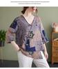 2022 Summer V-Neck Asymmetrical Cotton Linen Shirt - Printed, Plus Size, Mid-Length Sleeves, Retro Women's Fashion