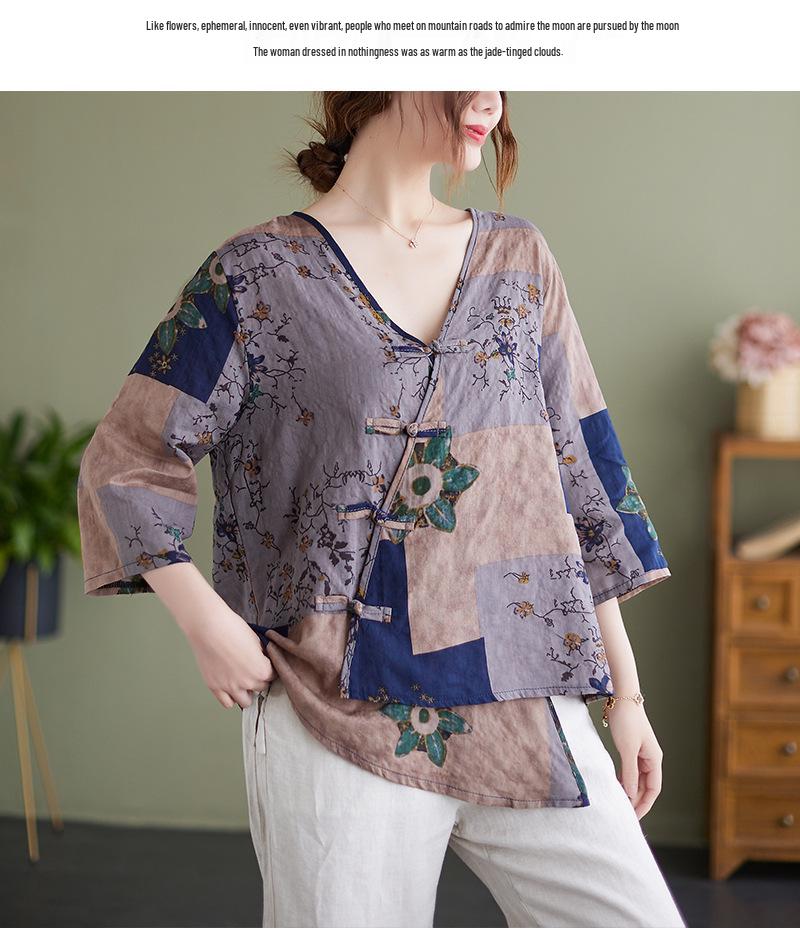2022 Summer V-Neck Asymmetrical Cotton Linen Shirt - Printed, Plus Size, Mid-Length Sleeves, Retro Women's Fashion