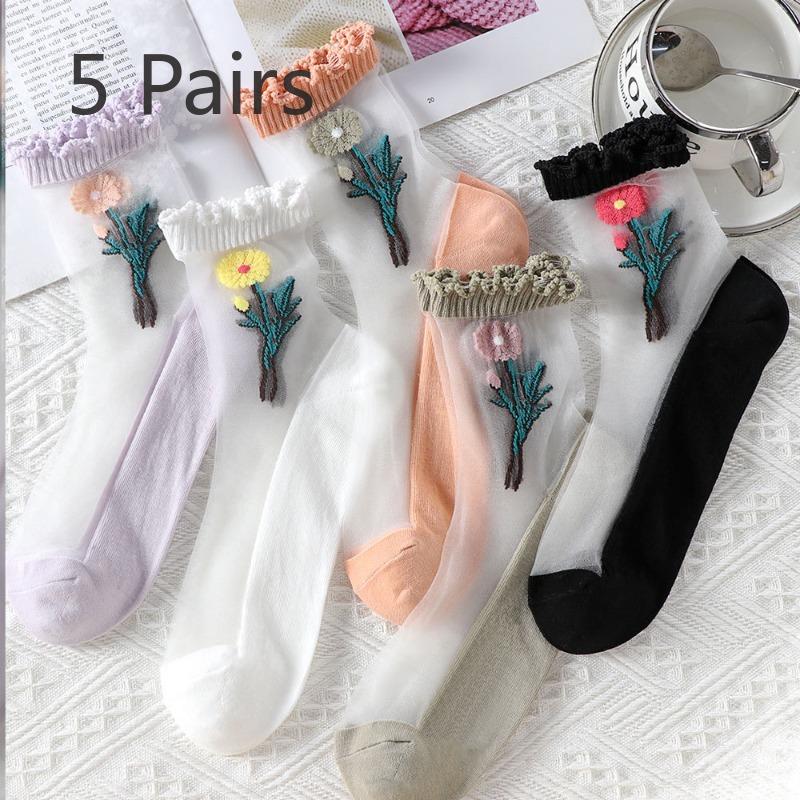 5 Pairs Womens Floral Embroidered Socks Fashionable Lightweight Mesh Socks