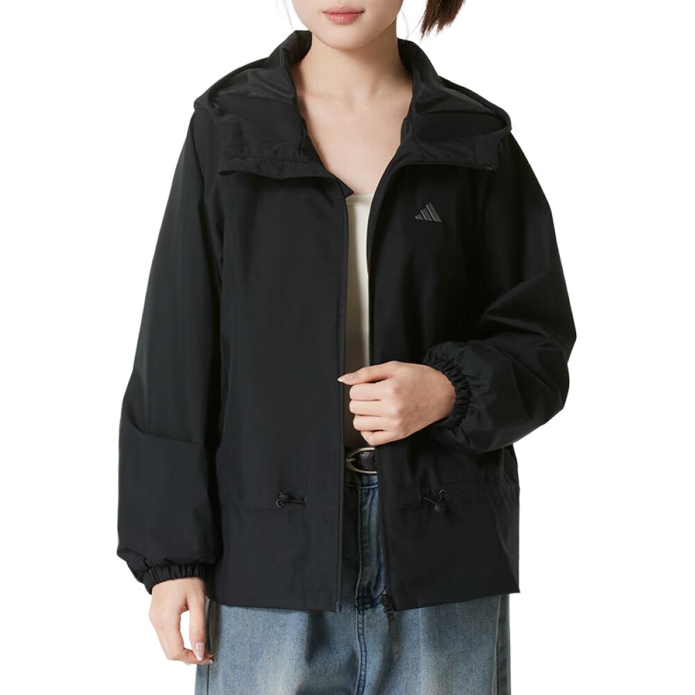 Adidas Windproof Water-Resistant Hooded Zip-Up Long Sleeve Woven Jacket Outdoor Casual Sports Outerwear Women Black KS2807
