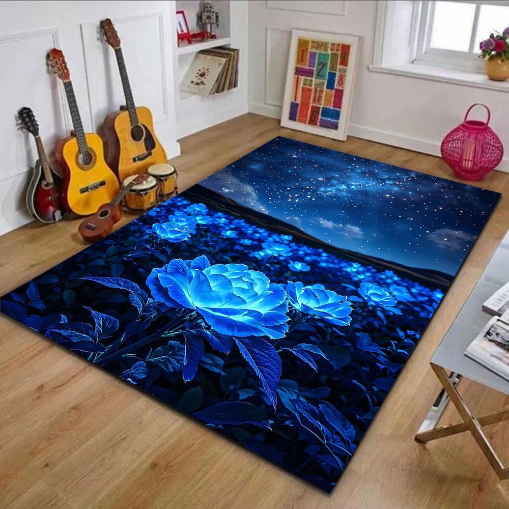 Starry Night Over Blue Roses Patterned carpet, non slip mat suitable for living room and bedroom sofas