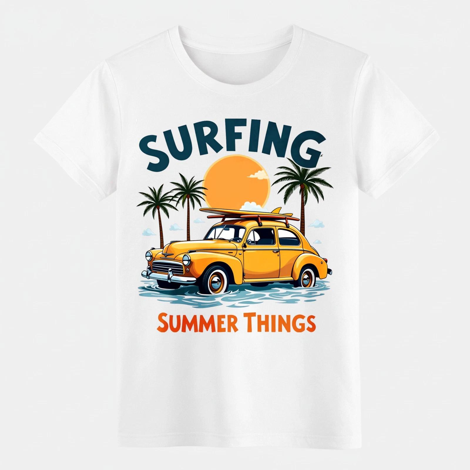 Surfing Summer Things Vintage Car T-Shirt - Retro Beach Surf Graphic Tee S