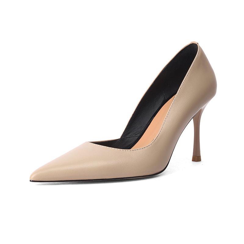 

All leather inside and outside 2025 new shallow high heels women s thin heels sexy pointed temperament black commuter leather single shoes 34 абрикосовый