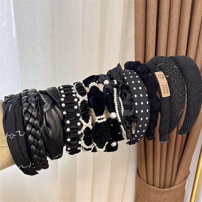 Winter Solider Samt Lünette Frauen Mädchen Breitseite Haarbänder Perle Kreuz Stirnband Haarreif Mode Schwarzes Leder Geflochtenes Haarband