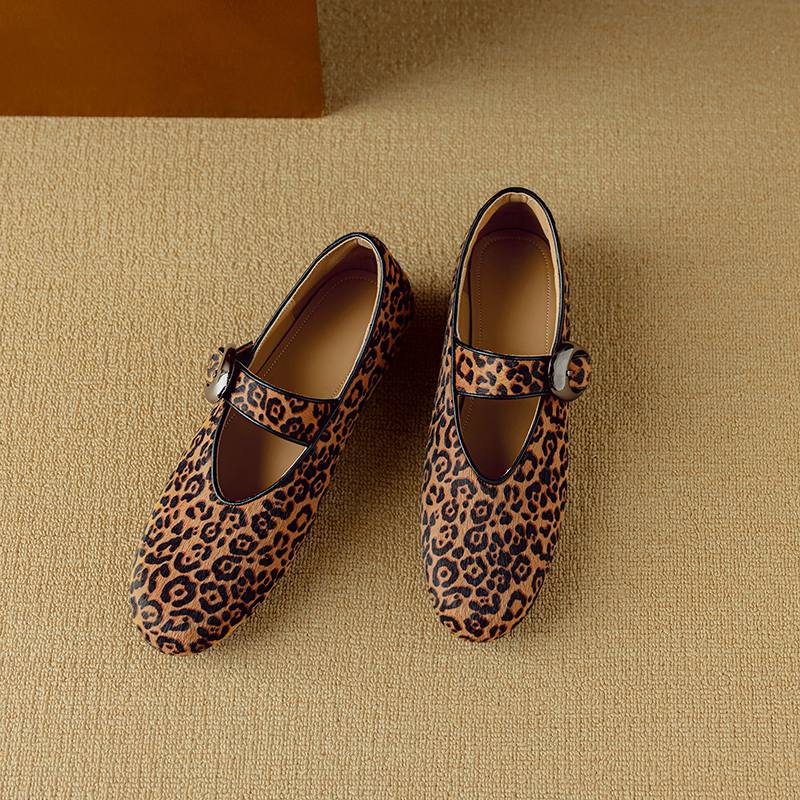 Krazing Pot Piele de Oaie Suedeză Vară Mărimea 40 păr de cal leopard mary janes Tocuri Joase vârf rotund Balerini eleganți decupați