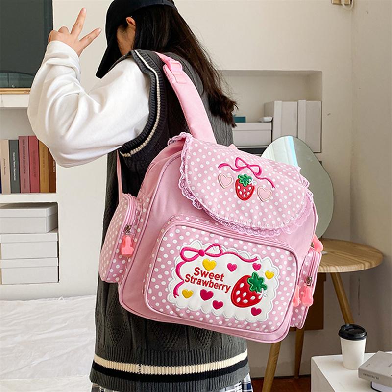 School Bags Backpack Kids Cute Soft Girl Sweet Lovely Embroidered Fruit Strawberry Lace Backpack Girl Student Schoolbag