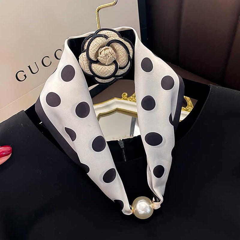 Magnetic Narrow Elegant Satins Neck Scarf Wrap With Pearls Chain Necklace And Buckle For Women Vintage Floral Silk Neckerchief