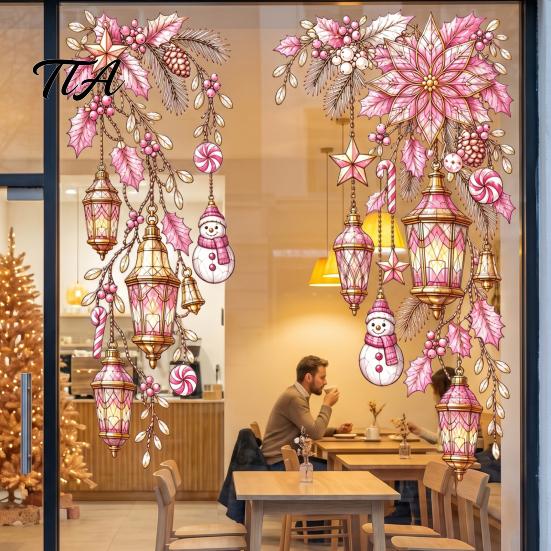 Holiday Glass Decals 2Pcs Christmas Window Clings, Static Sticker, Decal with Snowflakes Lantern Winter Wonderland Decor and Balls Patterns, Removable