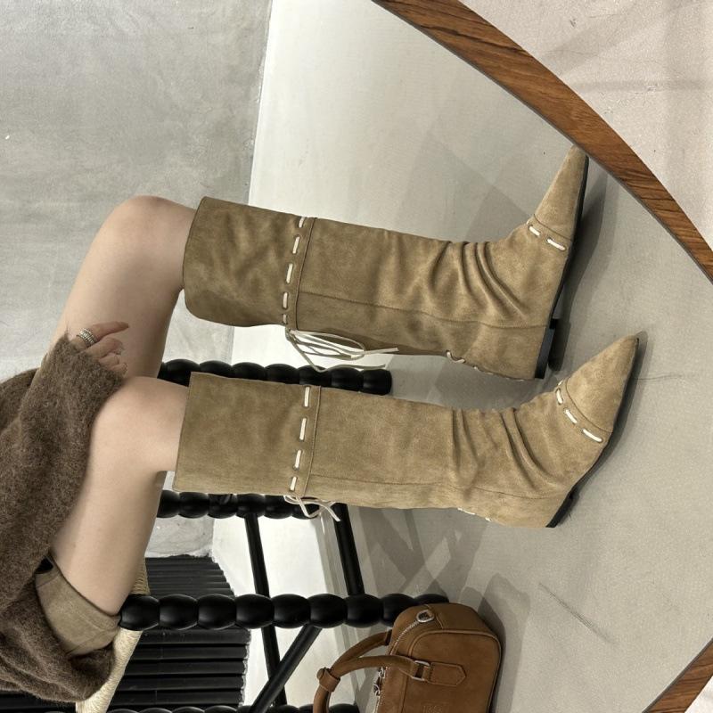 Internet celebrity wasteland wind pointed pleated pile boots women's winter 2025 new inner heightening suede lace-up high boots