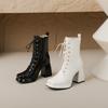 Fashion New Autumn Winter Black White Motorcycle Boots Womens Square Toe Cross Tied Platform Chunky High Heels Ankle Booties 45