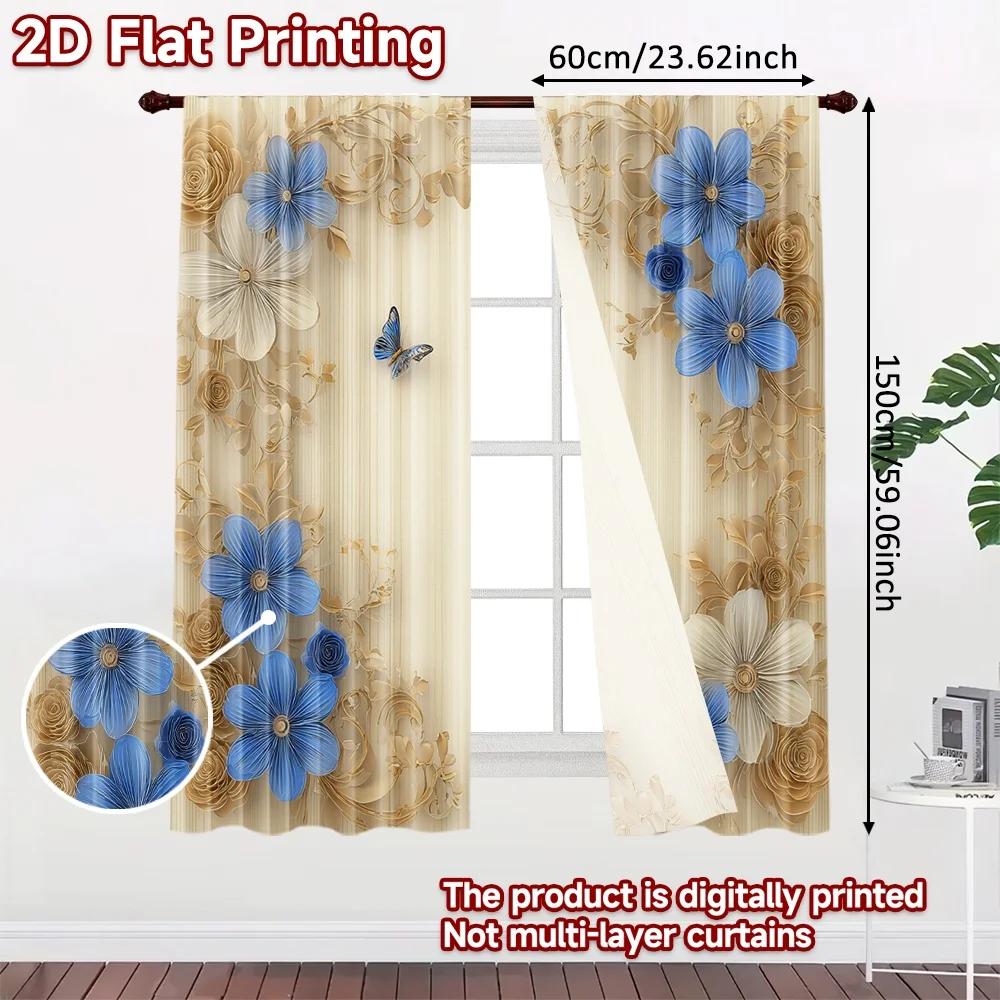 Set Of 2 Flat Printing Party Window Curtains Floral Butterfly Scene Digital Printed Polyester Drapes Festive Use Curtain