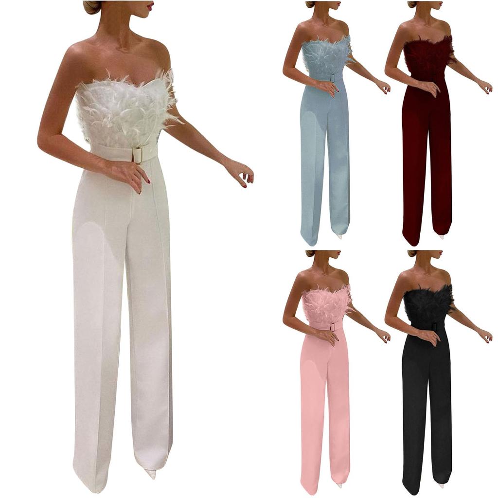 Women's Fashion Casual Feather Top Breast Sexy Sleeveless Jumpsuits