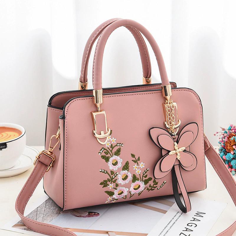 Women's Floral Embroidered PU Leather Handbag, Structured Top Handle Satchel with Flower Charm, Adjustable Strap Crossbody Shoulder Bag