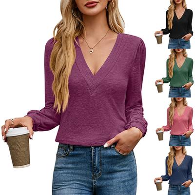 Damenmode Einfarbig V-Ausschnitt Locker Langarm Freizeit T-Shirt Top