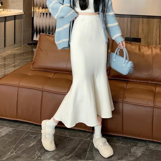 Women Fishtail Skirt High Waist Hip Wrapped Midi Skirt Solid Color Slim Fit Autumn Winter Knitting A-Line Skirt