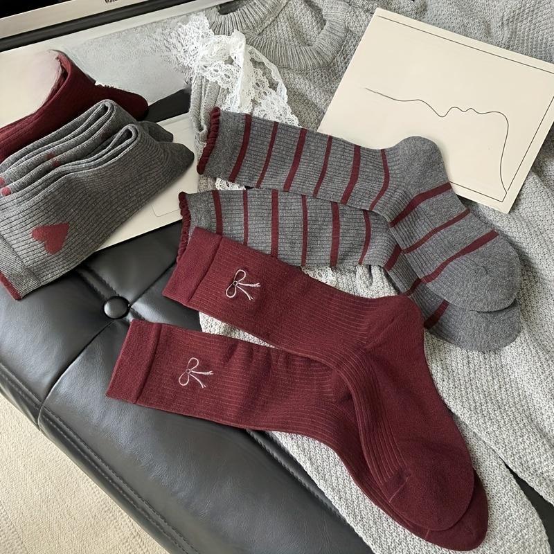 5 Pairs Women's Vintage College Style Socks, Red and Grey Striped Mix, Fashionable Trendy Long Socks