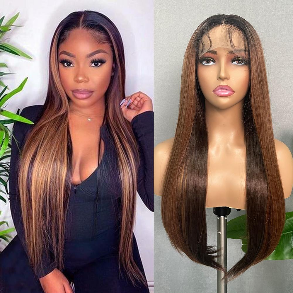 Long Straight Synthetic Lace Wig 32In Middle Part Wigs with Pre Plucked Baby Hair Brown Color Heat Resistant Fiber for Women