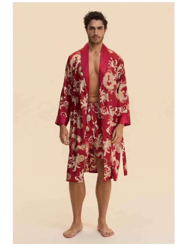Yaoting Men's Long Sleeve Silk Pajamas and Bathrobe Set, Ice Silk Loungewear