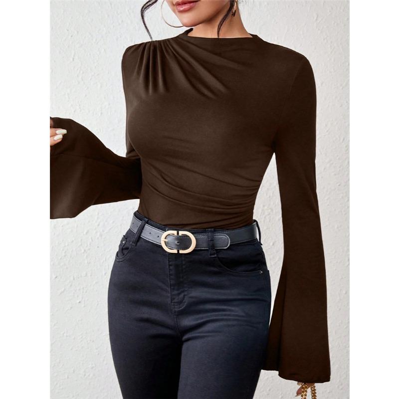 Herbst Neues Vielseitiges Raffdesign Glockenärmel Stehkragen Schlanke Passform Damen-T-Shirt
