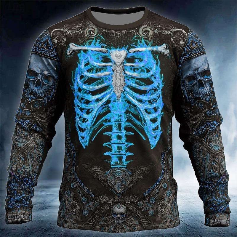 Skull Prints Long Sleeve T-Shirts for Men Gothic Trendy Streetwear Casual Tops Party Tee Clothing