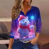 Women's Fashionable Casual Christmas Printed V-neck Three-quarter Sleeve Decorated Button Top