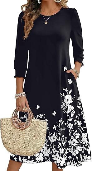Women's Summer, Pocket Seven-Sleeve Floral Medium and Long Casual Dress