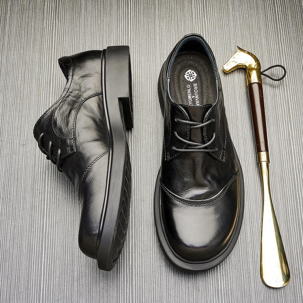 Men'S Leather Low-Top Leather Shoes Round Head Platform Soft Leather Lace-Up Casual Business Shoes Trendy Versatile Small Leather Shoes