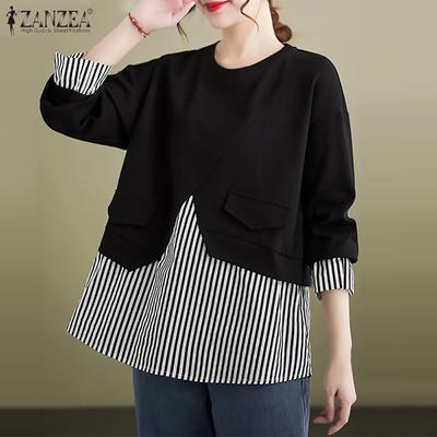 Women Autumn Round Neck Long Sleeve Striped Knit Sweatshirts