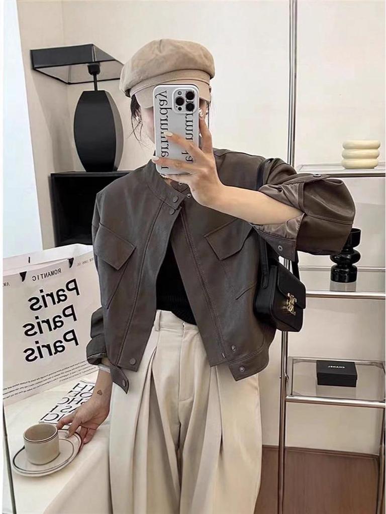 2025 Spring/Autumn Women's Hong Kong Style Leather Biker Jacket: Short, Stand-Up Collar, Casual Commuter Fashion