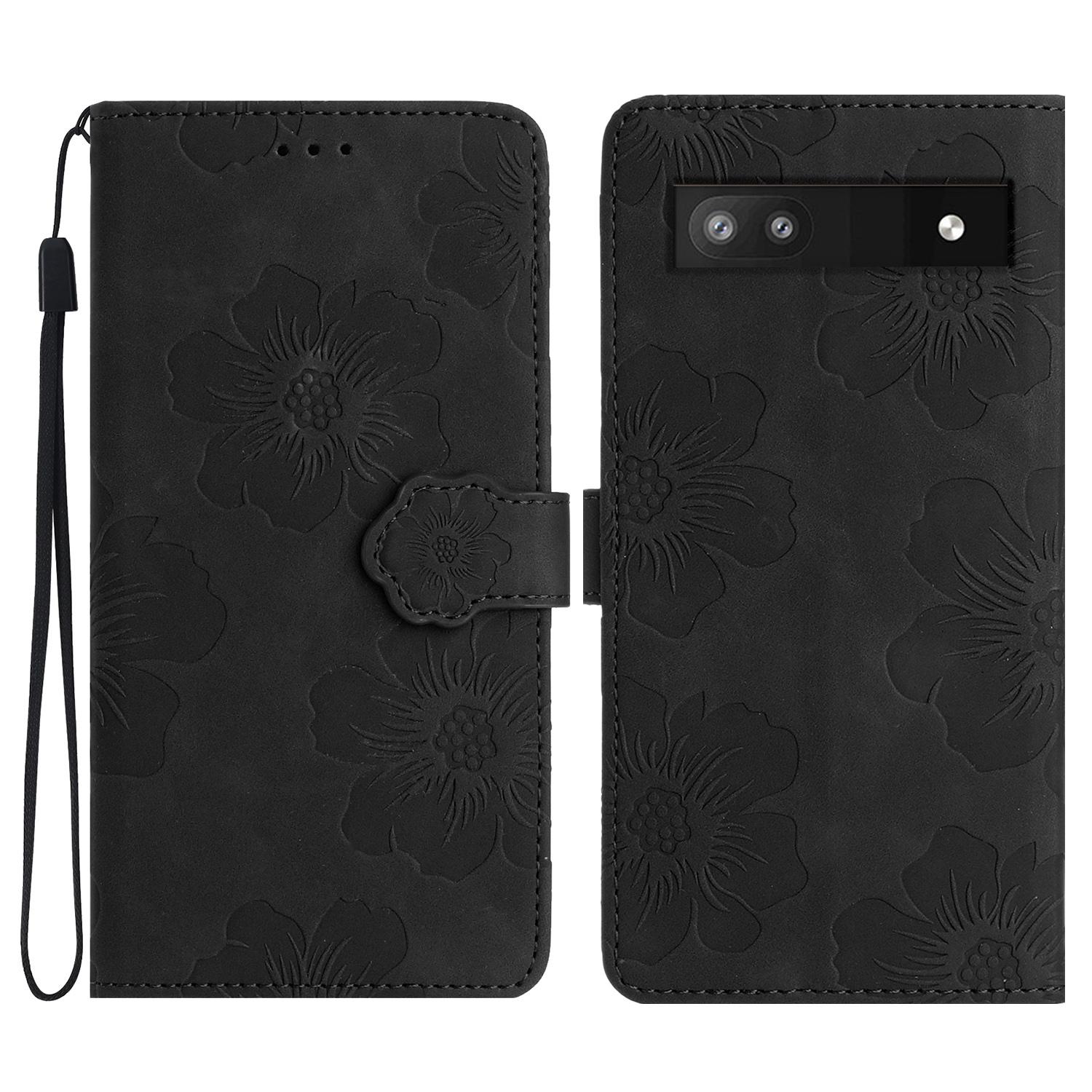 

Phone Shell for Google Pixel 8a Cell Phone Case Leather Wallet Imprinted Flower Stand Cover Black