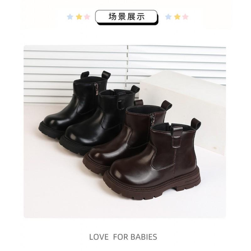 Youth style shoes Girls Fashionable Chunky Sole Ankle Boots Winter Kids Leather-Like Slip-On Shoes In Brown Black