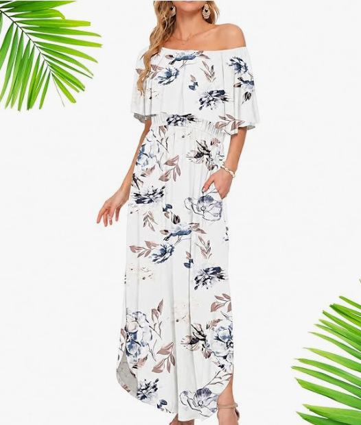 European and American summer new printed one-word shoulder short-sleeved long dress