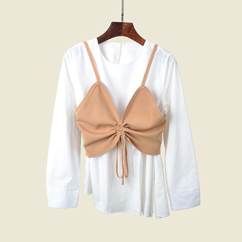 

European and American-Style Ice Silk Sling round Neck White Long-Sleeve Drawstring Shirt + vest (short: Defective All yards