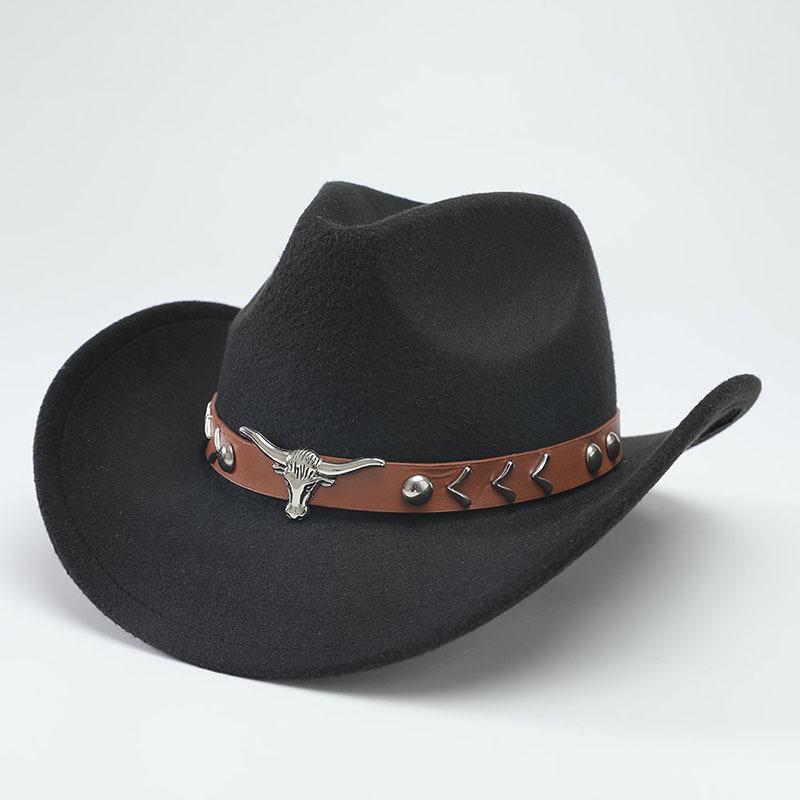 Nuevos Sombreros de Vaquero Occidental Fieltro de Lana para Hombre y Mujer Moda Actual Elegante y Versátil Ala Curva Cabeza de Toro Gorras de Jazz