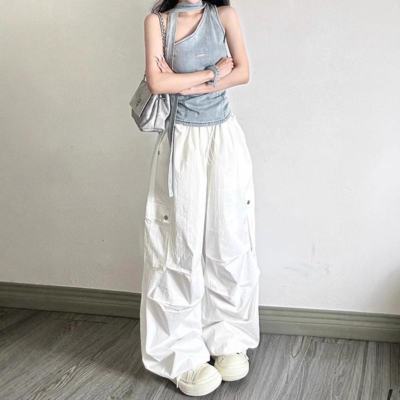 Women's High-Waist Cargo Pants: 2025 American Design, Drawstring, Floor-Length, Loose Fit Casual Trousers
