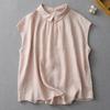 QICED Solid Color Doll Collar Cotton Linen Sleeveless Shirt Women's Summer Age Reduction Wear Both Sides of The Slimming Shirt Casual Linen Blouse