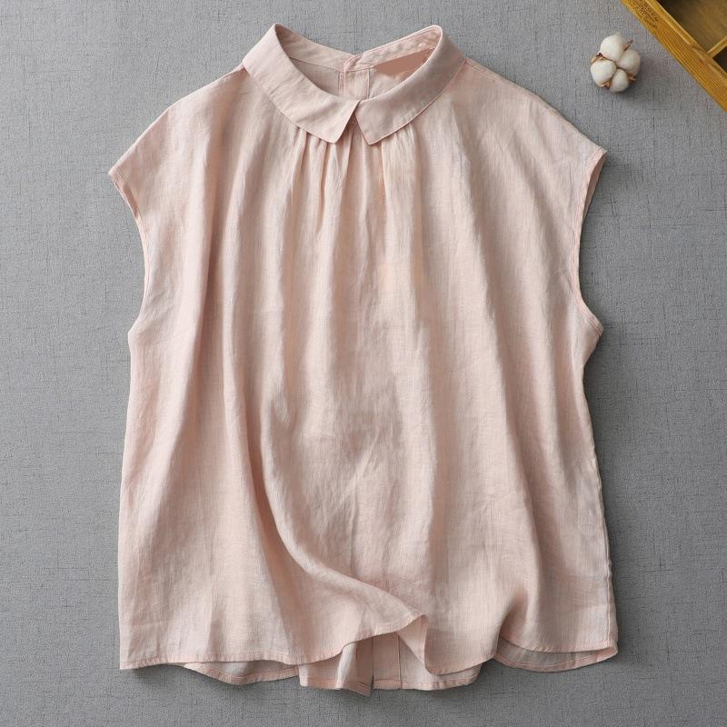 QICED Solid Color Doll Collar Cotton Linen Sleeveless Shirt Women's Summer Age Reduction Wear Both Sides of The Slimming Shirt Casual Linen Blouse