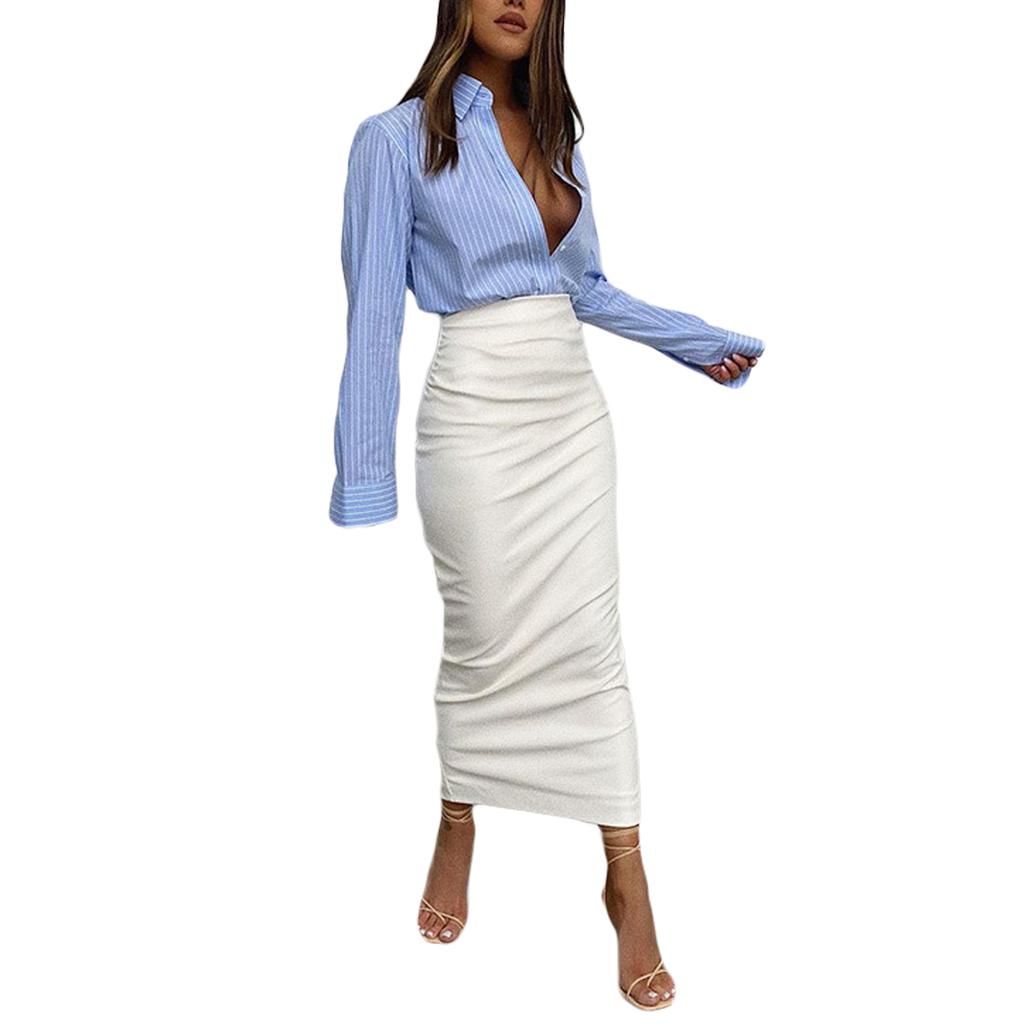 Dámská podzimní sexy sukně, pro dospělé, slim-fit, jednobarevná kožená sukně s rozparkem (Černá bílá)