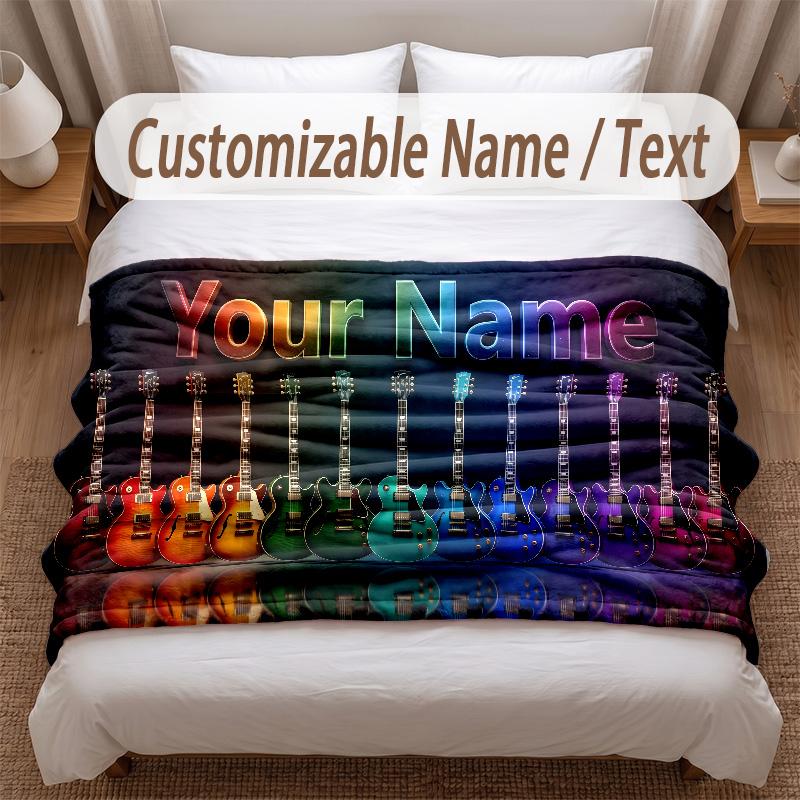 Music Guitar Theme Soft Blanket Personalized Custom Name Text Print Warm Blanket Home Sofa Bedroom Decor