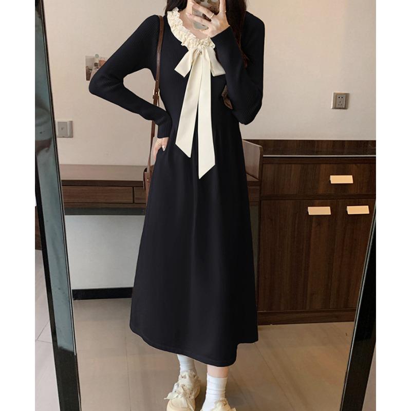 V-neck Bow Sweater Skirt Autumn and Winter New Red Gentle and Thin A-shaped Long Knitted Dress