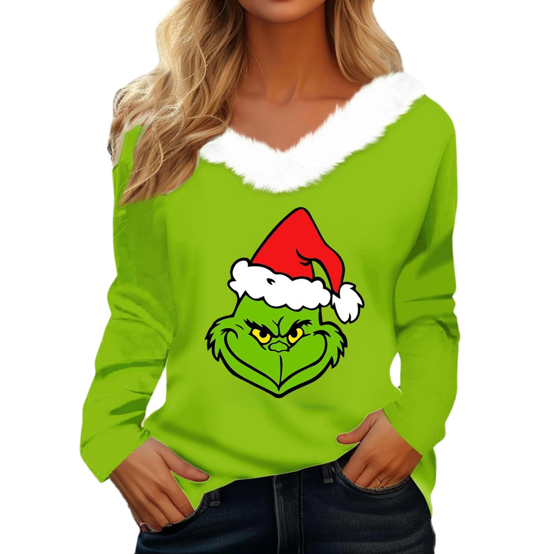 

Рождественское украшение Женская футболка Футболка Рождественская рубашка Длинный рукав Вечеринка Рождество Флис Воротник V-образный вырез Топ 2XL