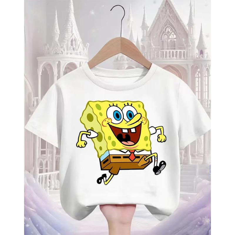 Summer Cute SpongeBob SquarePants Cartoon T Shirt 3-14Y Boys Girls Kawaii Fashion Street Hot Casual Crew Neck Kids