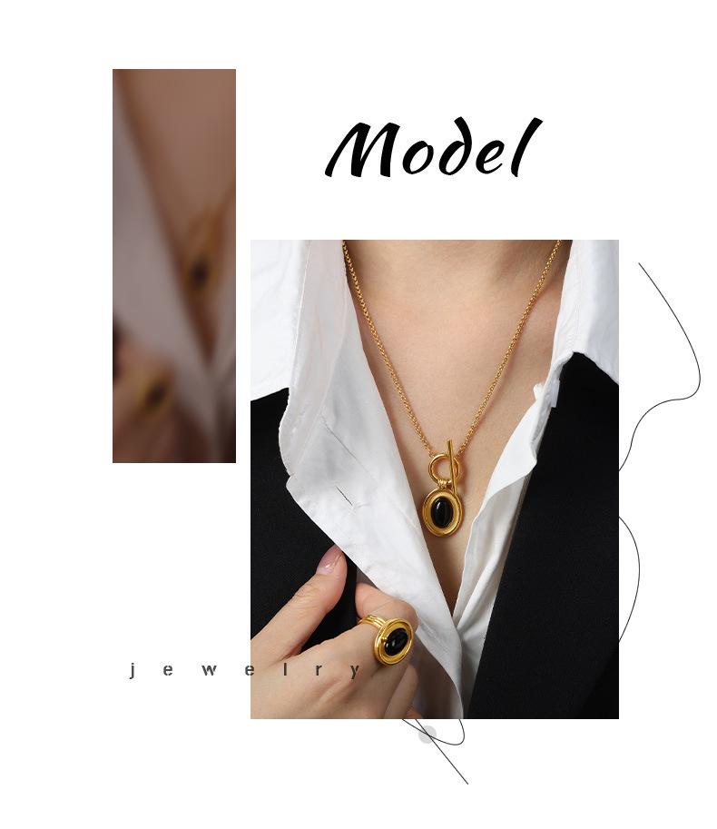 Exquisite Agate Pendant OT Clasp Necklace & Personalized Titanium Steel 18k Gold Ring Set